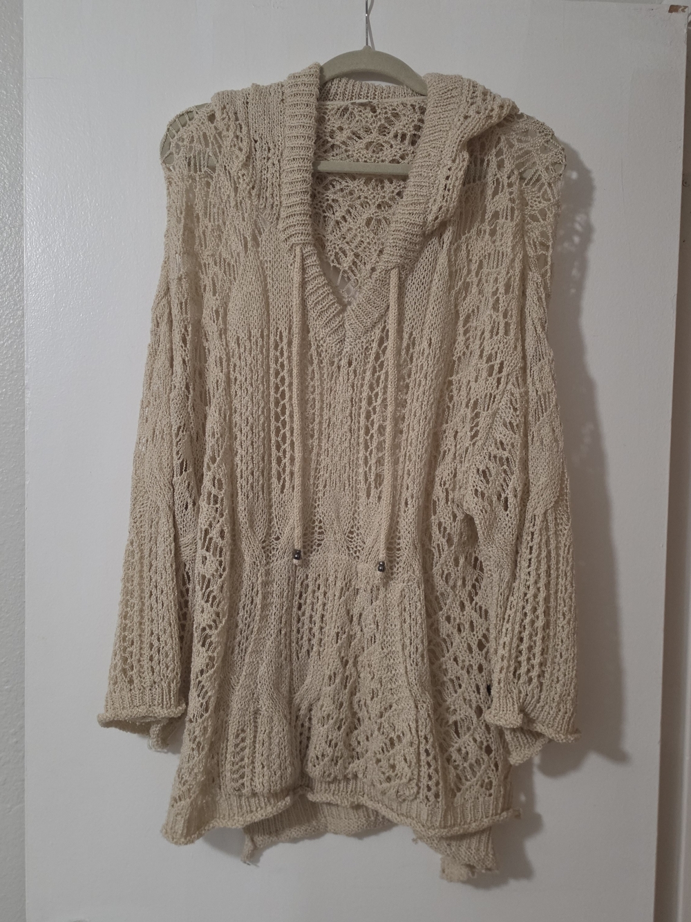 POL Open-Knit V-Neck Hooded Sweater in Cream